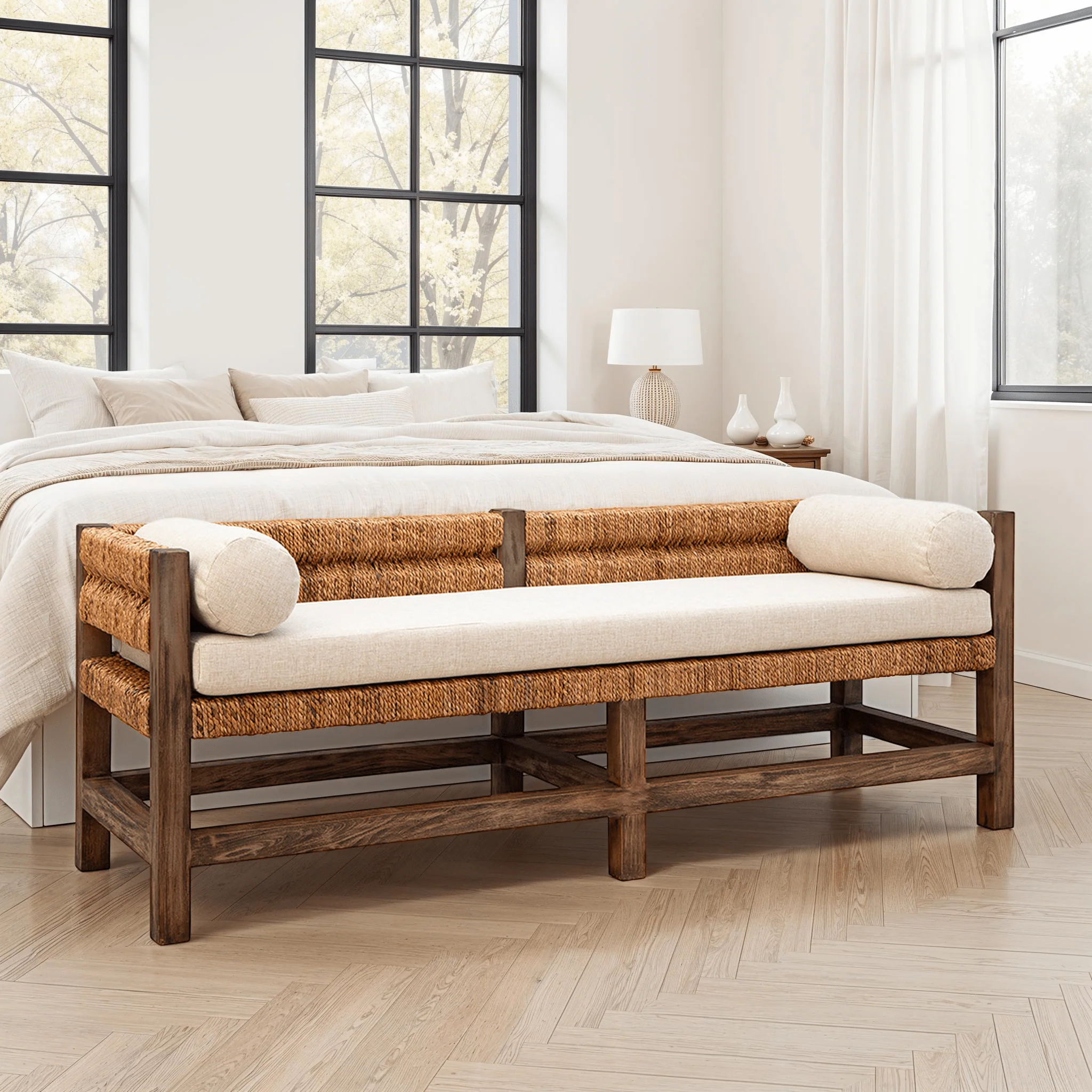 Cotswold Woven Seagrass Bench (with Back)