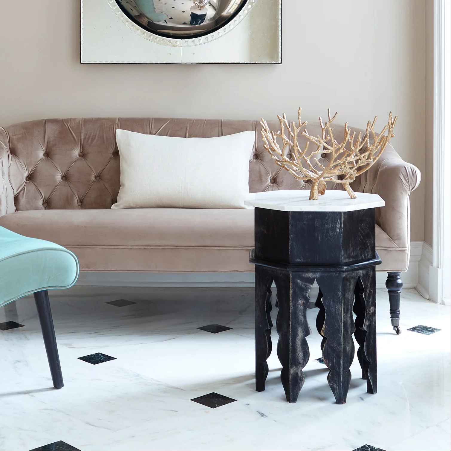 Marble and Wood Moroccan Side Table