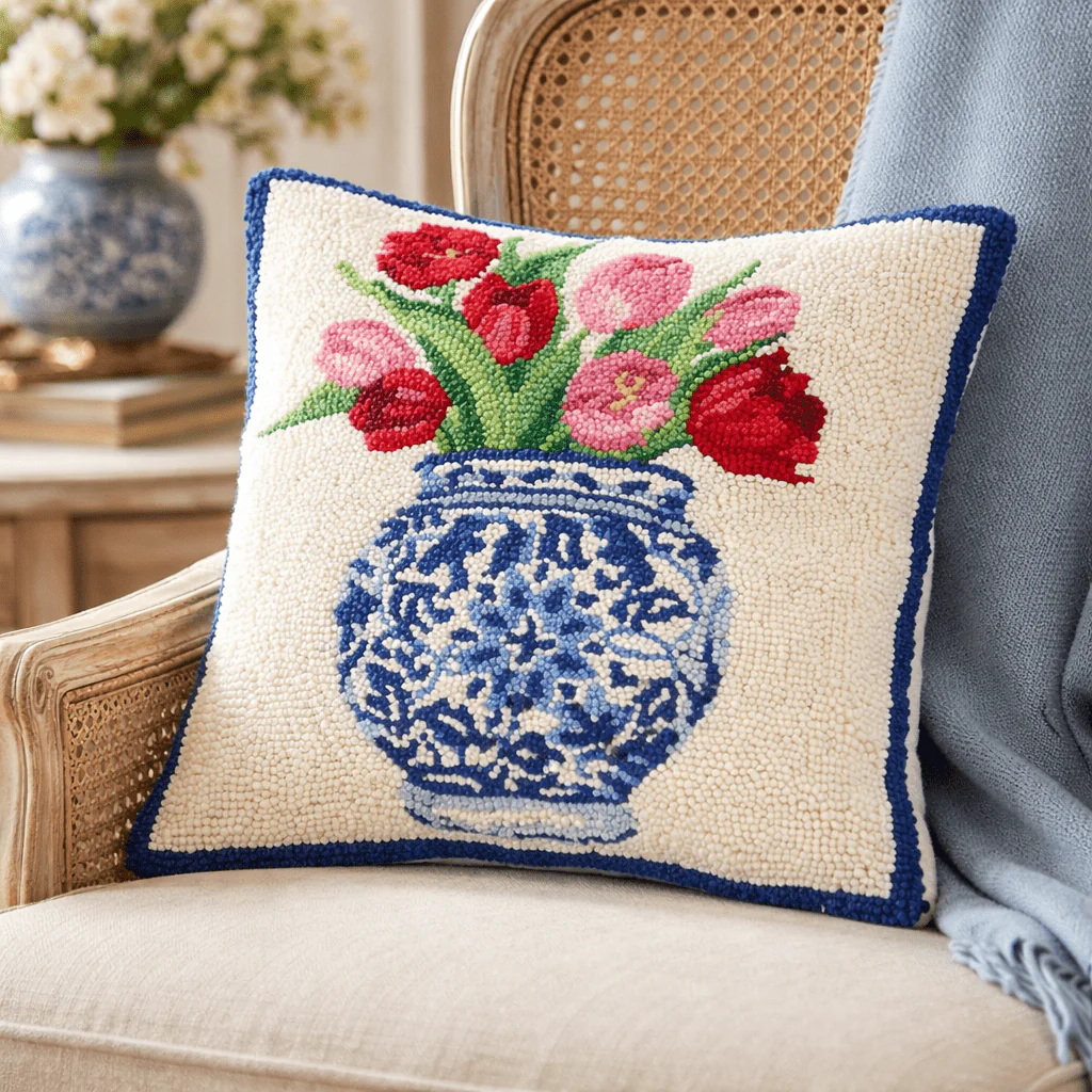 Red and Pink Tulips and Chinoiserie Pot Hooked Pillow - Image 2