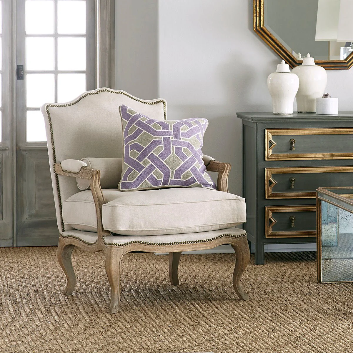 Natural Linen Studded Lounge Armchair