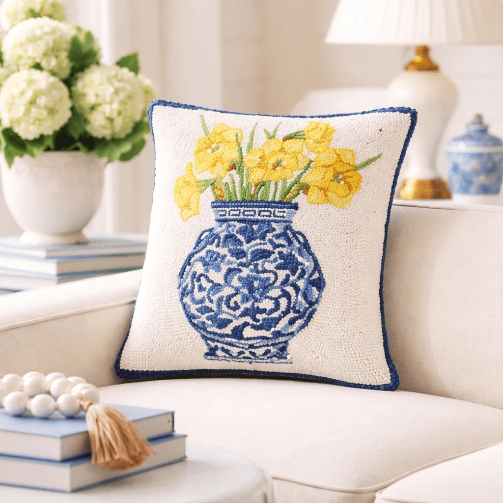 Yellow Daffodils and Chinoiserie Pot Hooked Pillow - Image 2
